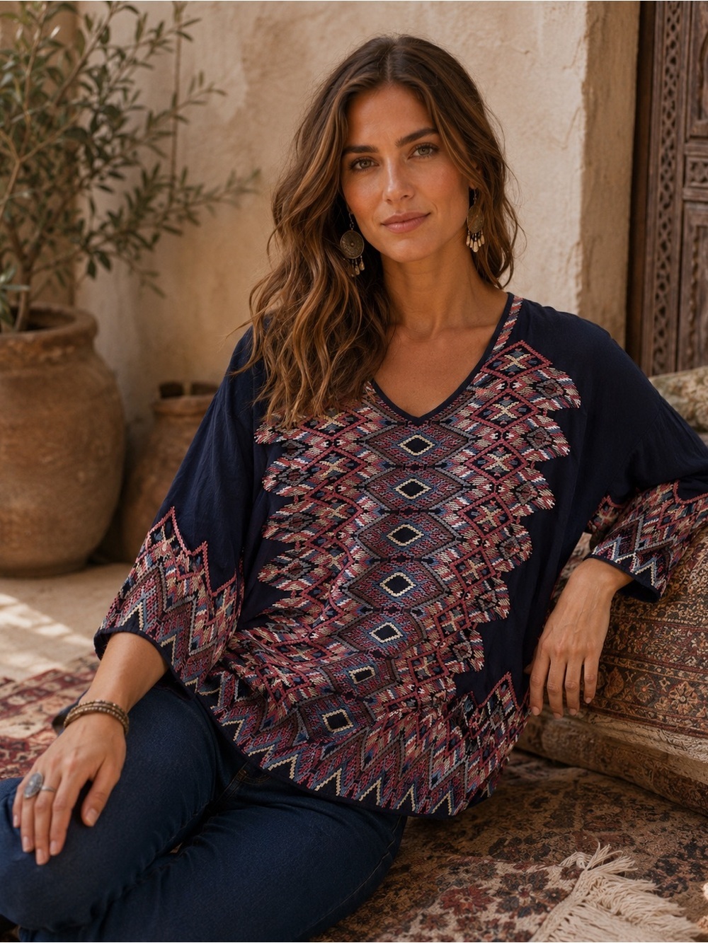Johnny Was Moni Blouse Heavily Embroidered Top Women S RARE Boho 3/4 Sleeve RARE